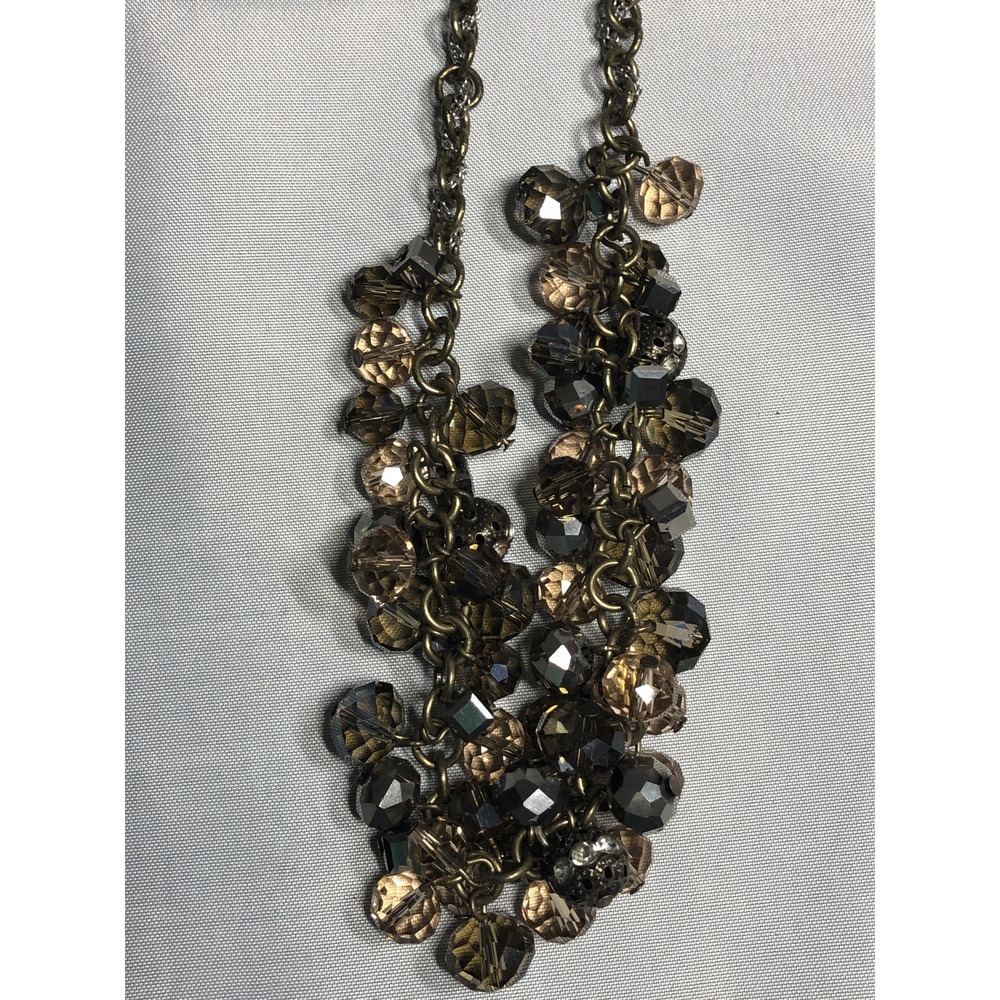Signed LOFT Smoky Iridescent Necklace 18" Beaded Brass Silver Chain Faceted - Picture 3 of 15